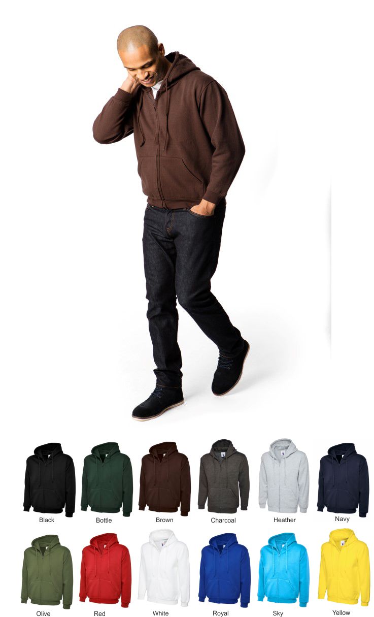 Uneek Men's Classic Full Zip Hooded Sweatshirt - 300 GSM Brown Hoodie - Heavyweight Cotton Pullover - View #3